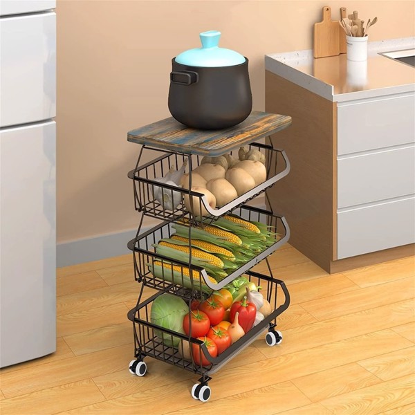 4 Tier Fruit Storage Basket, Fruit Vegetable Cart with Solid Wood, Kitchen Storage Rack with Rollers for Pantry