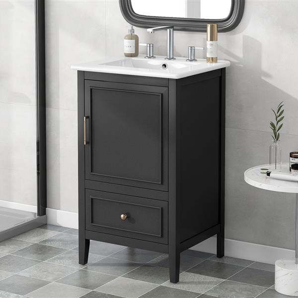 20" Bathroom Vanity with Sink, Bathroom Cabinet with Two Doors, Door Shelf Storage and Adiustable Foot Pads, A Drawer, Black