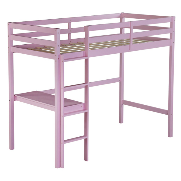 Twin High Loft Bed, Rubber Wood Loft Bed with Safety Guardrail, built-in desk, ladder,Pink 