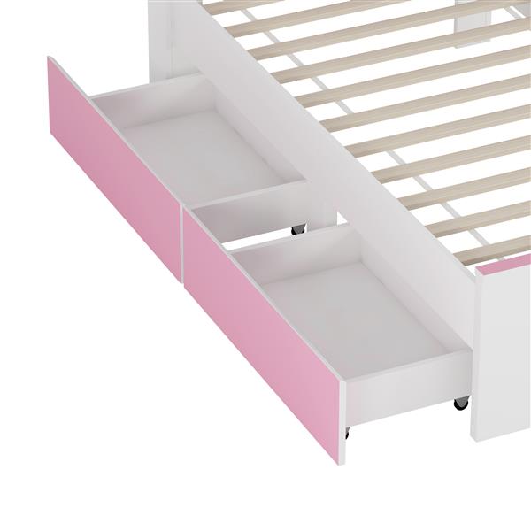 Twin Size House-Shaped Wooden Bed with Storage Shelf on the Headboard, Built-in Two Storage Drawers, Pink