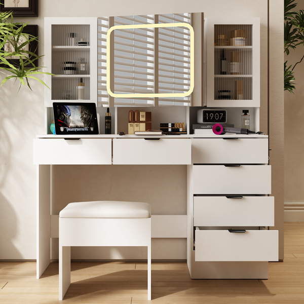 Large Vanity Table Set with LED Lighted Mirror, Vanity Desk with Charging Station, Makeup Table with Glass Doors, Drawers and Storage Shelves, Cushioned Stool for Bedroom, White