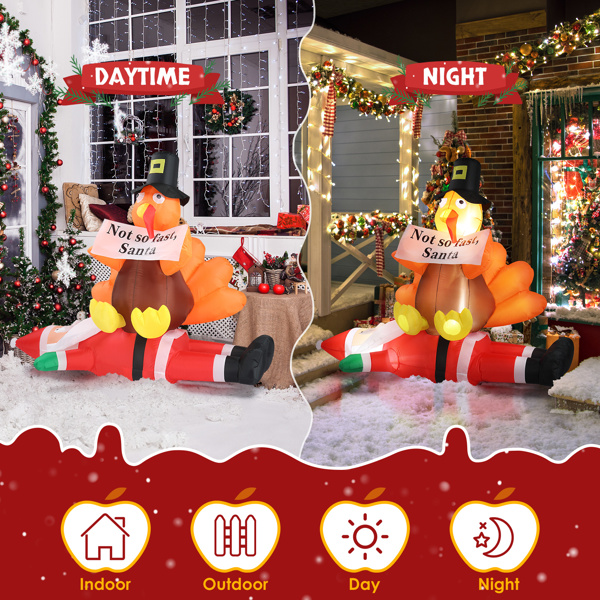 4.9 FT Lighted Christmas Inflatable Decoration, Inflatable Turkey Sitting on Santa Claus, Funny Blow Up Yard Decorations with Built-in LED Lights for Holiday Party Front Yard Lawn Garden Decor