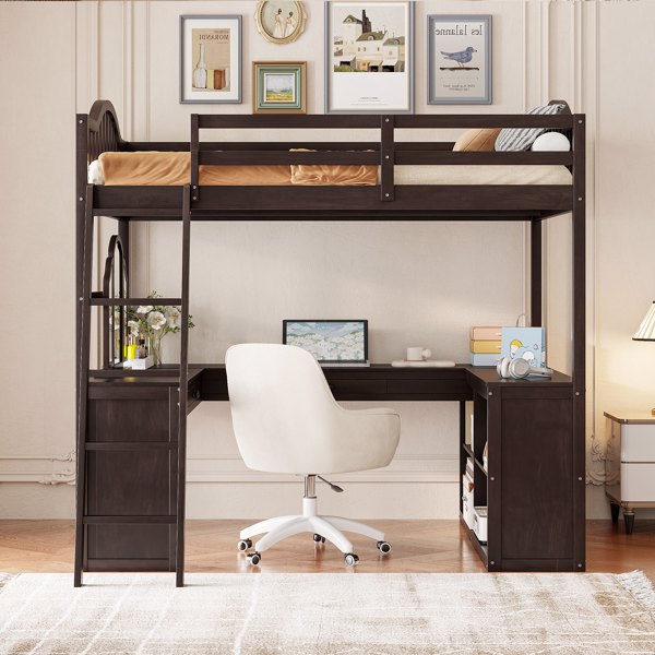 Full Wooden Loft Bed with U-shaped Desk,Storage Compartments and Tri-fold Mirror, Espresso 