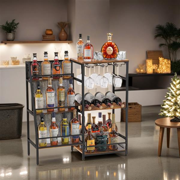 Versatile Liquor Stand for Home Bar, Wine Rack Freestanding Floor, Mini Bar Table for Liquor Whiskey Wine, 3-Tier Trapezoidal Liquor Bottle Display Shelf with Glass Holder and Fences