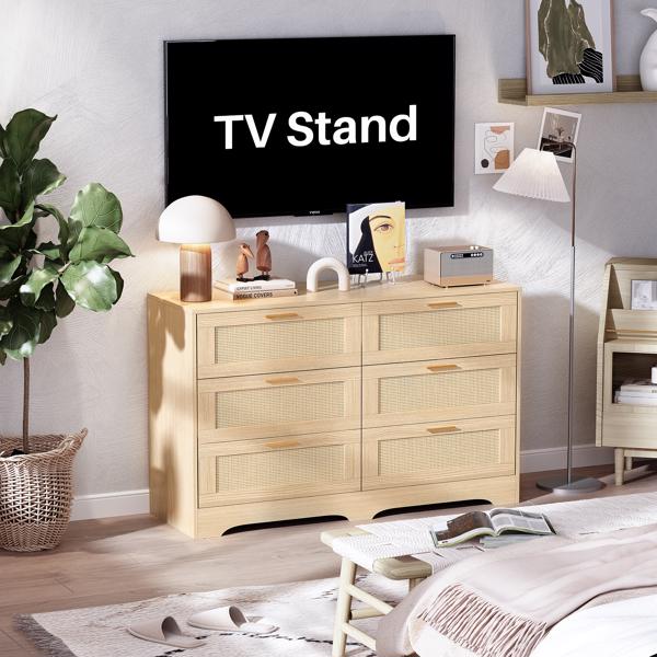 Generisch Rattan Kommode, Komode mit Schubladen, 6 Schubladen Dresser, 120x40x77 cm Tv Schrank, Flur Kommode & Chest of Drawers für Schlafzimmer Wohnzimmer, 120x40x77 cm (Natürliche)