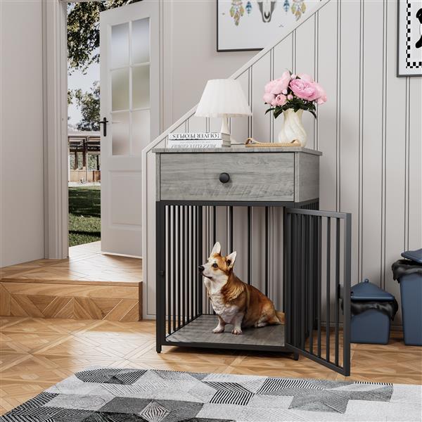 Dog Crate Furniture, Dog House, Decorative Dog Kennel with Drawer, Indoor Pet Crate End Table for Small Dog, Iron-Tube Dog Cage, Chew-Proof