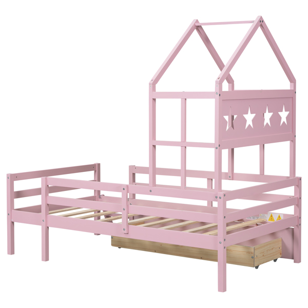 Wood Twin Size House Platform Bed with Guardrail and Drawer, Pink