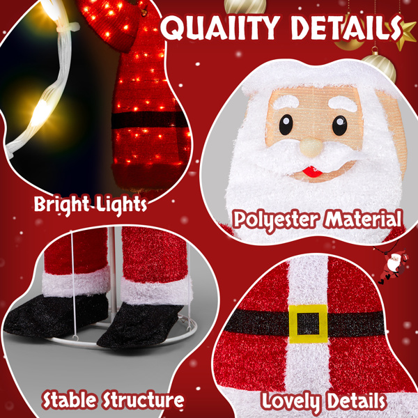 6FT Lighted Santa Christmas Yard Decorations, Pre-lit Pull Up Santa Waving Hand with 180 LED Warm White Lights and Ropes Stakes for Xmas Outdoor Holiday Indoor Decor Lighted Holiday Displays