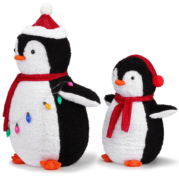 2-Piece Lighted Plush Penguins Christmas Yard Decorations, Set of 2 Pre-lit Pull Up Penguins with 150 Warm White LEDs, Multi-color Light String and Stakes for Xmas Outdoor Holiday Indoor Decor