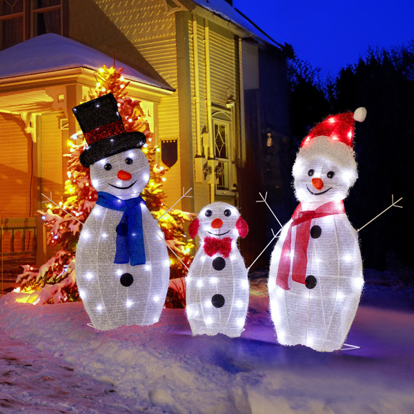 Lighted Snowman Christmas Yard Decorations, Set of 3 Pre-lit 2D Snowman Family with 80 LED White Lights and Stakes for Xmas Outdoor Holiday Indoor Decor Lighted Holiday Displays