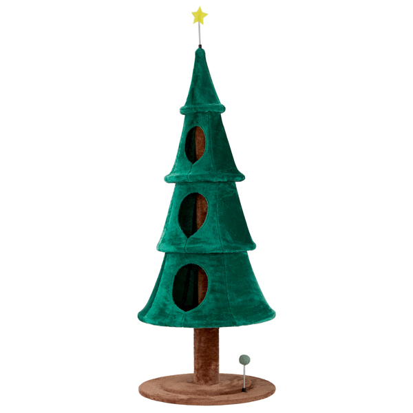 65in Large Tall Christmas Tree Cat Tower with 3 Cat Houses, Soft Fleece Cat Tree with  Teaser Toy & Sturdy Base & Built-in Openings for Indoor Cats