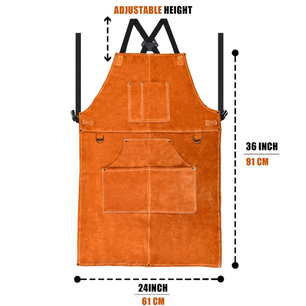 Work area apron with 6 tool bags, heat-resistant and flame-retardant, durable, heavy-duty welding apron, suitable for both men and women, 37.8in * 26in (Brown)