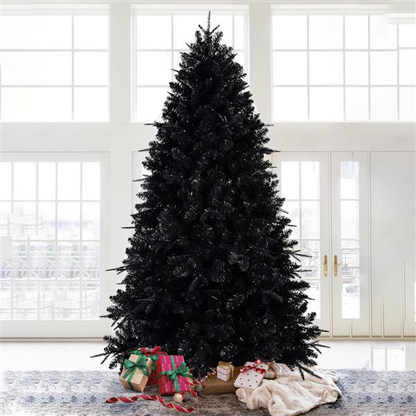 9ft Pre-Lit Black Christmas Tree, Full Halloween Xmas Artificial Tree 3176 Branch Tips, 750 Lights, Metal Hinges, Foldable Base, Holiday Decoration - Black