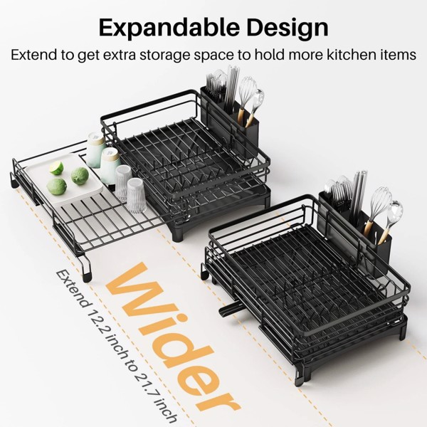 2-in-1 Expandable Dish Drying Rack Kit, Stainless Steel Dish Rack Set with Utensil Holder, Cutting Board Holder, Cup Holder, Magnetic Spice Rack and Metal Hook for Fridge