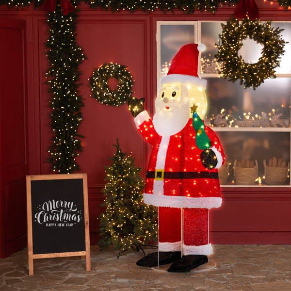 6FT Lighted Santa Christmas Yard Decorations, Pre-lit Pull Up Santa Waving Hand with 180 LED Warm White Lights and Ropes Stakes for Xmas Outdoor Holiday Indoor Decor Lighted Holiday Displays