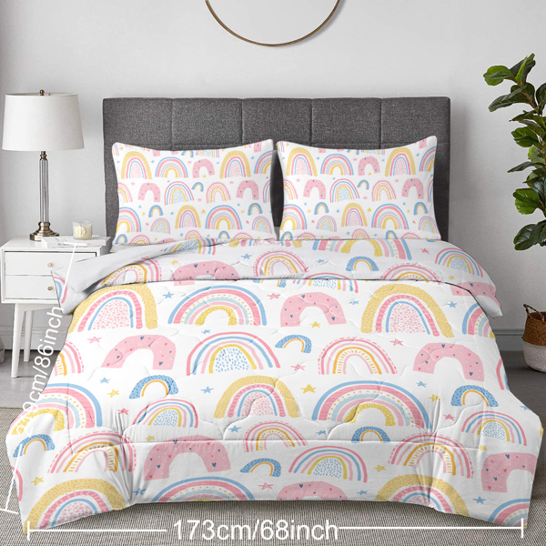 Rainbow Pattern Comforter Set for Women Pink and Yellow Rainbow Star Comforter 3 Piece with 2 Pillow Shams(1 Comforter and 2 Pillow Shams) Full Size