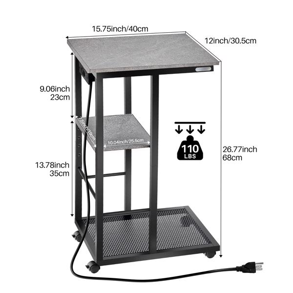 Beistelltisch mit Ladestation, C-Form Kaffeetisch, Beistelltisch Couch Holz, Mobiler Couchtisch mit Rädern & Ablagefläche, Kleiner Tisch für Wohnzimmer, Schlafzimmer (Marmor Grau)