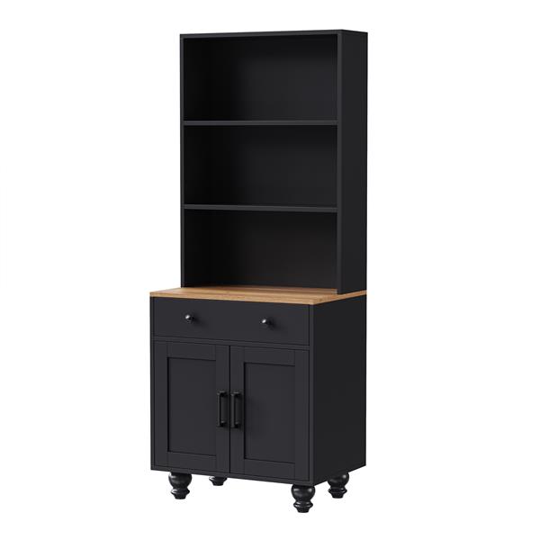 Farmhouse Storage Cabinet with 4 Solid Wood Gourd-Shaped Legs, Modern Kitchen Pantry Cabinet with Adjustable Shelves, 5 Tier Bookshelf with Drawer for Living Room, Black