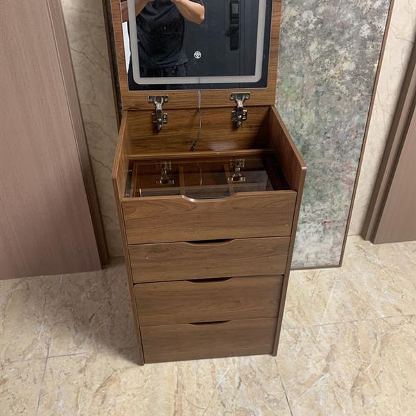 (Walnut) 3 in 1 Vanity Desk with Plip Top Mirror,Small Make Up Vanity Set with Visible Glass Desktop,Compact Makeup Vanity with 3 Drawers,Cushioned Tool,Dressing Table for Bedroom