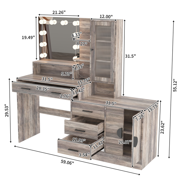 Large Makeup Vanity with Lights, Vanity Table with Charging Station, Vanity Desk with Mirror and 10 LED Light Bulbs, Makeup Table with Drawers and Storage Shelves and Cabinets, Gray