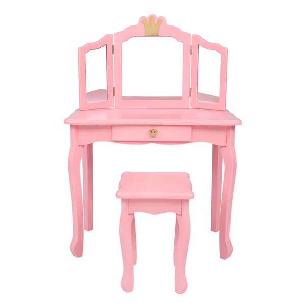 Children's Wooden Dressing Table Three-Sided Folding Mirror Dressing Table Chair Single Drawer Pink Crown Style