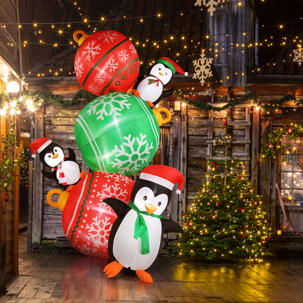 8.9 FT Lighted Christmas Inflatable Decoration, Inflatable Christmas Balls and Penguins, Funny Blow Up Yard Decorations with Built-in LED Lights for Holiday Party Front Yard Lawn Garden Decor