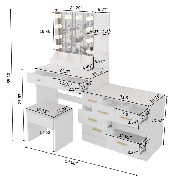 Large Makeup Vanity with Lights, Vanity Table with Charging Station, Vanity Desk with Mirror and 10 LED Light Bulbs, Makeup Table with Tabletop Compartments, Drawers and Storage Shelves, White