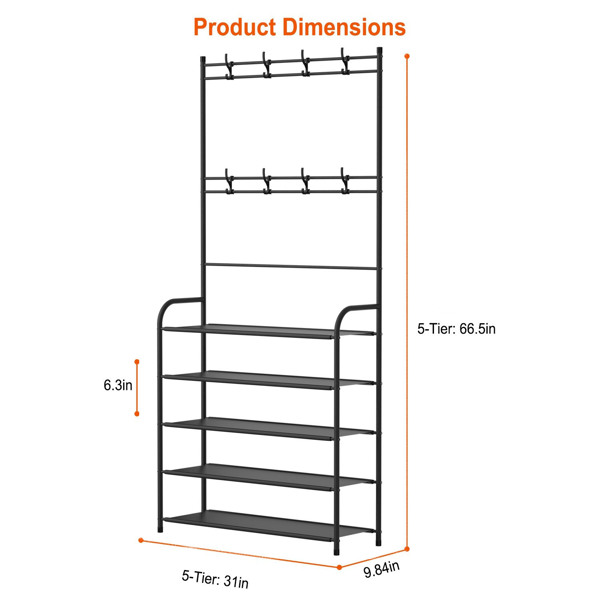 Entryway Coat Hat Rack Shoe Storage Shelf 5 Tier Shoe Rack Freestanding Hall Tree Garment Hanger Stand Clothes Shoe Organizer Combo