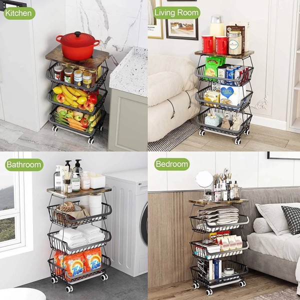 4 Tier Fruit Storage Basket, Fruit Vegetable Cart with Solid Wood, Kitchen Storage Rack with Rollers for Pantry