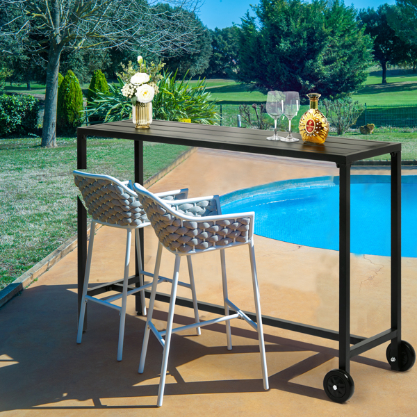 55" Outdoor Bar Table with Wheels, Rectangle Narrow Counter Height Table, Ideal Bar Height Table for Balcony Patio Garden Yard Poolside, Black