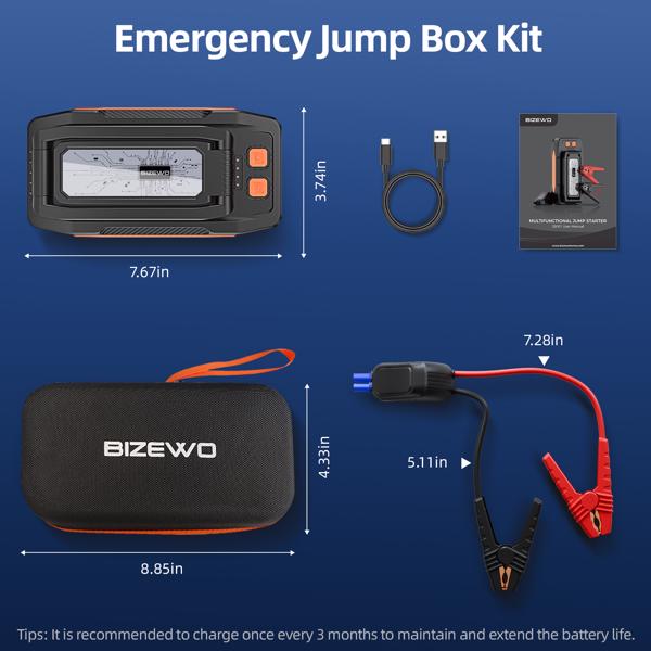 BIZEWO Jump Starter Battery Pack,  4000A Peak Car Battery Jump Starter Portable for Up to 8.0L Gas or 6.5L Diesel Engines, 12V Car Jump Starter Battery Booster with Foldable LED Light