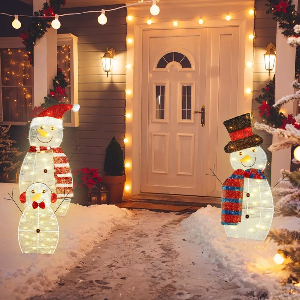  3-Piece 2D Outdoor Snowman Christmas Decorations Yard, 30 inch Pre Lit Snowman Family with Led Lights Outside Indoor Holiday Lighted Christmas Decor for Lawn