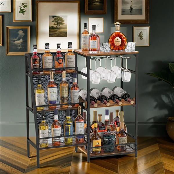 Versatile Liquor Stand for Home Bar, Wine Rack Freestanding Floor, Mini Bar Table for Liquor Whiskey Wine, 3-Tier Trapezoidal Liquor Bottle Display Shelf with Glass Holder and Fences