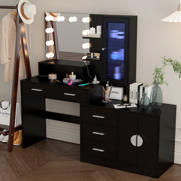 Large Makeup Vanity with Lights, Vanity Table with Charging Station, Vanity Desk with Mirror and 10 LED Light Bulbs, Makeup Table with Drawers and Storage Shelves and Cabinets, Black