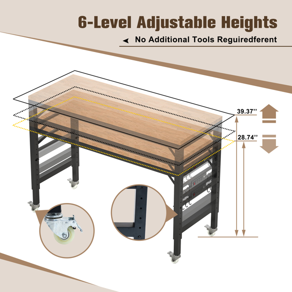 60" Adjustable Height Workbench, Rubber Wood Heavy Duty Workstation with Power Outlets & Wheels, 2000 LBS Load Capacity Hardwood Worktable for Workshop, Garage, Office, Home