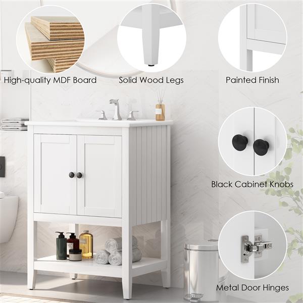 24" White Modern Sleek Bathroom Vanity Elegant Ceramic Sink with Solid Wood Frame Open Style Shelf