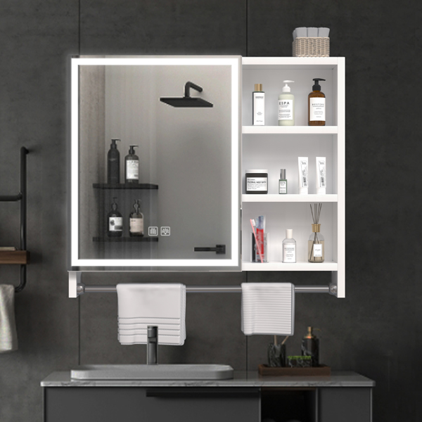 Modern 32x28inches bathroom cabinets, medicine cabinets with mirrors and LED lights, bathroom lockers with multilevel storage compartments and towel rails 