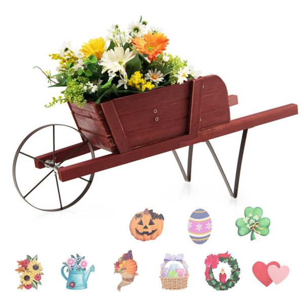 2 In 1 Wheelbarrow Planter，Wooden Wagon Planter with 9 Magnetic Accessories for Garden Yard