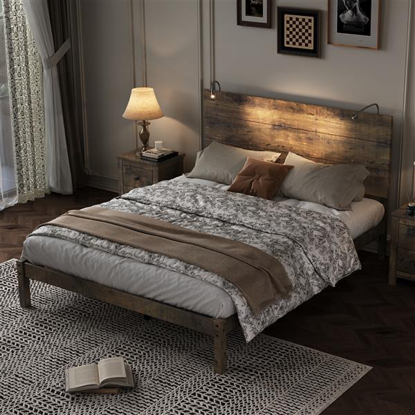 Farmhouse Wooden Platform Queen Size Bed, Modern Platform Bed with Two Bedside Lights, Antique Walnut