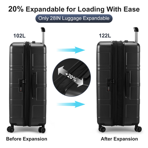 Luggage Expandable Suitcase 2 Piece Set Carry On ABS+PC Spinner Trolley with pocket Compartment Weekend Bag ， Black Color