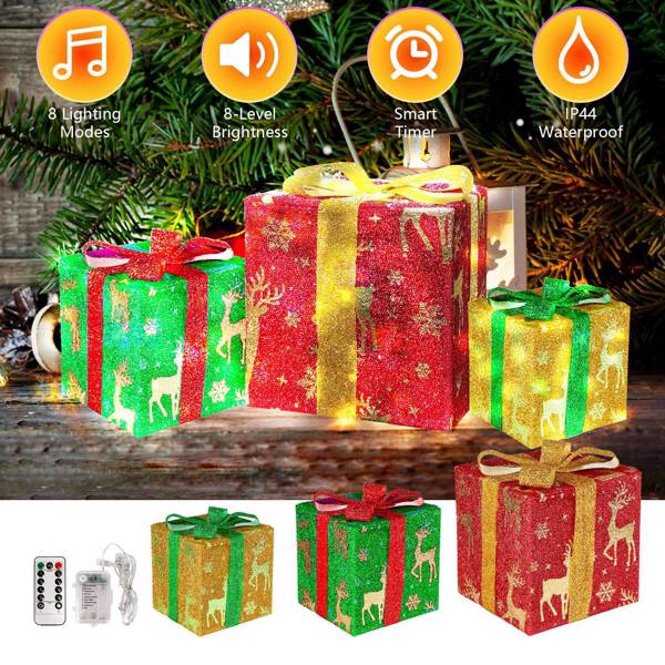 Set of 3 Christmas Lighted Gift Boxes Xmas Present Ornament 50 LED Christmas Box Decorations with Ribbon Bows IP44 Waterproof Battery Powered for Indoor Outdoor Decor