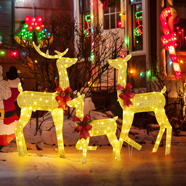 3-Piece Lighted Christmas Reindeer Family Set Outdoor Decorations, Weather Proof 2D Deer Family Set of 3 Christmas Ornament Home Decor Pre-lit 200 LED Warm White Lights with Stakes, Golden