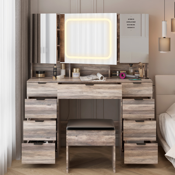 Large Vanity Table Set with 3 Opening Mirrors and LED Lights, Vanity Table with Full Storage Behind Mirror, Makeup Table with Drawers and Storage Shelves, Cushioned Stool for Bedroom, Gray