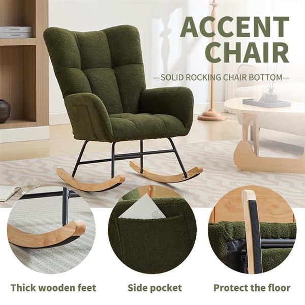 Modern Nursery Rocking Chair Upholstered Glider Chair with High Backrest Rocker Accent Armchair with Solid Wood Legs for Nursery Bedroom Living Room Teddy(dark green)