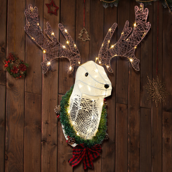 Lighted Christmas Wall Decor Reindeer Head, 39\\" Pre-lit 3D Rudolph Hanging Wreath for Front Door Window Indoor Outdoor Xmas Decor Lighted Holiday Displays