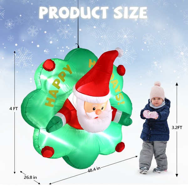 4 FT Lighted Christmas Inflatable Santa with Wreath Broke Out from Window, Large Blow Up Hanging Inflatable Decoration with Built-in LED Lights for Window Decor Holiday Party Front Yard Lawn Garden