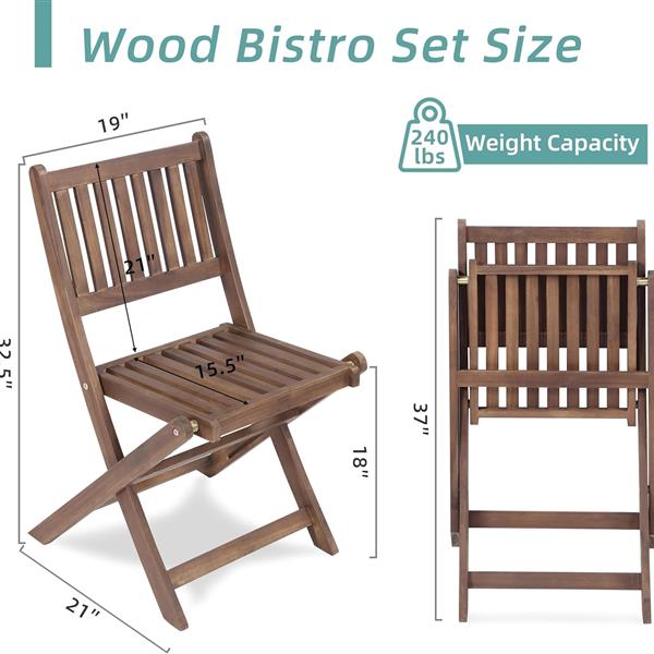 3-Piece Acacia Wood Bistro Set, Wooden Folding Patio Furniture for Garden Backyard Balcony Porch w/ 1 Coffee Table and 2 Foldable Chairs, Natural Stained