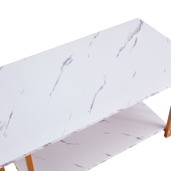  Coffee Table, 2 Layers 1.5cm Thick Marble MDF Rectangle 39.37" L Tabletop Iron Coffee Table , Dining Room, Coffee Shop, Resterant, White Top, Gold Leg 