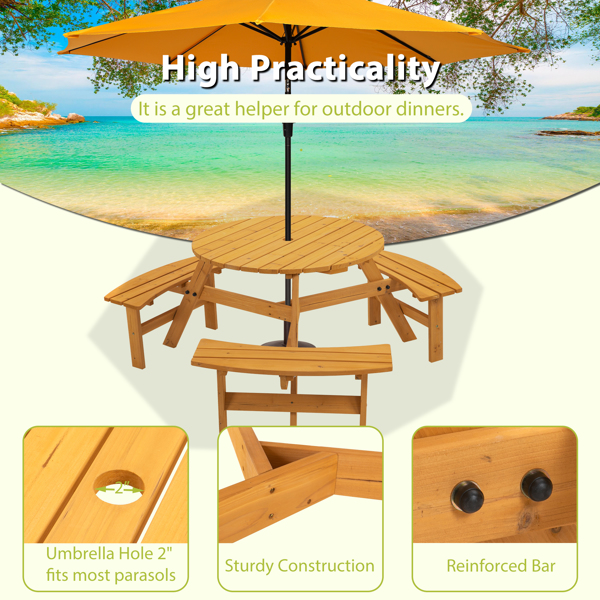 6-Person Outdoor Circular Wooden Picnic Table with 3 Built-in Benches for Patio Backyard Garden（Natural）