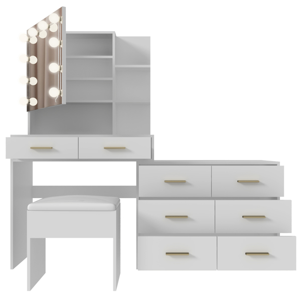 Large Makeup Vanity with Lights, Vanity Table with Charging Station, Vanity Desk with Mirror and 10 LED Light Bulbs, Makeup Table with Drawers and Storage Shelves, White